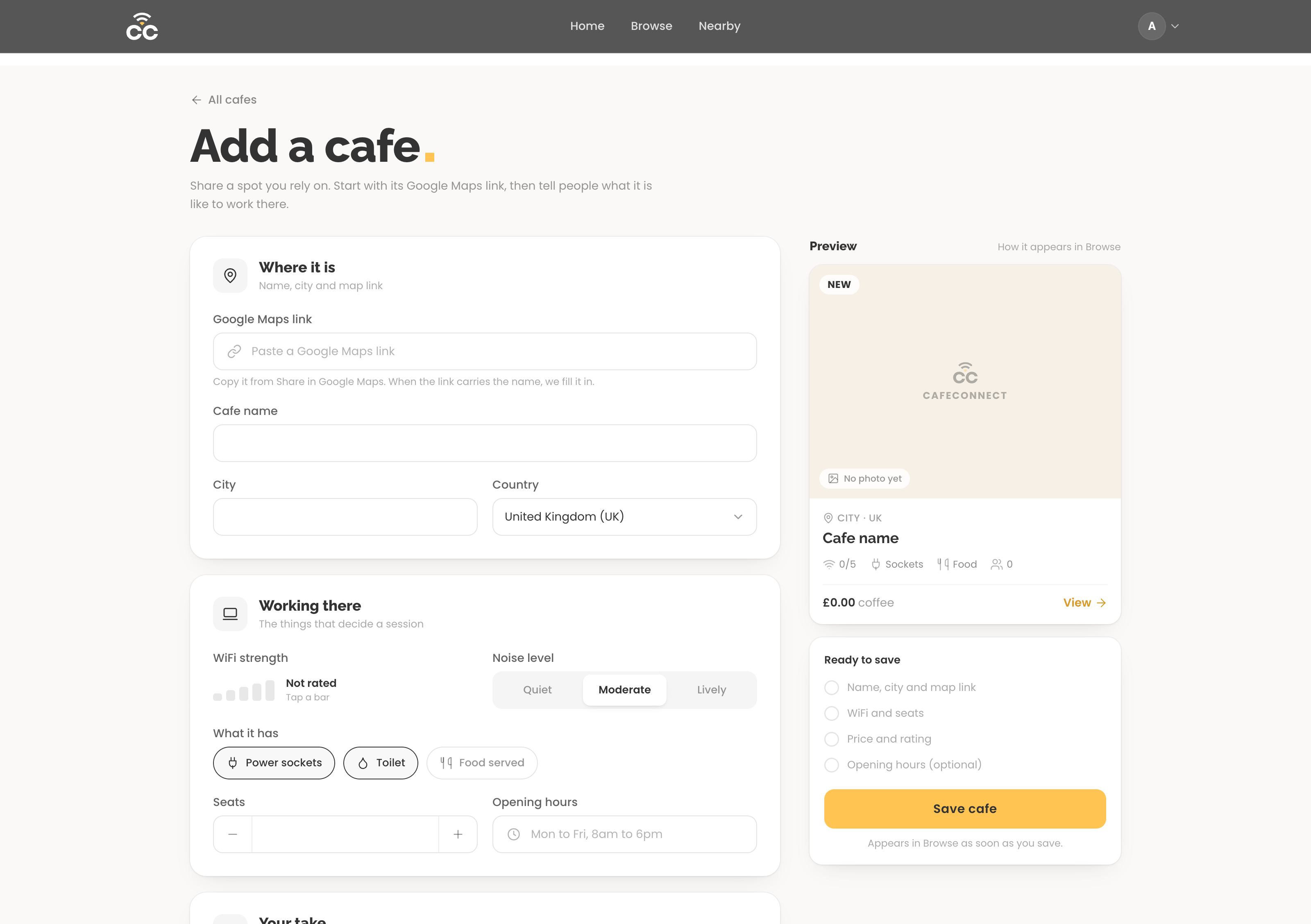 The add-a-café form with its live preview, in an admin session