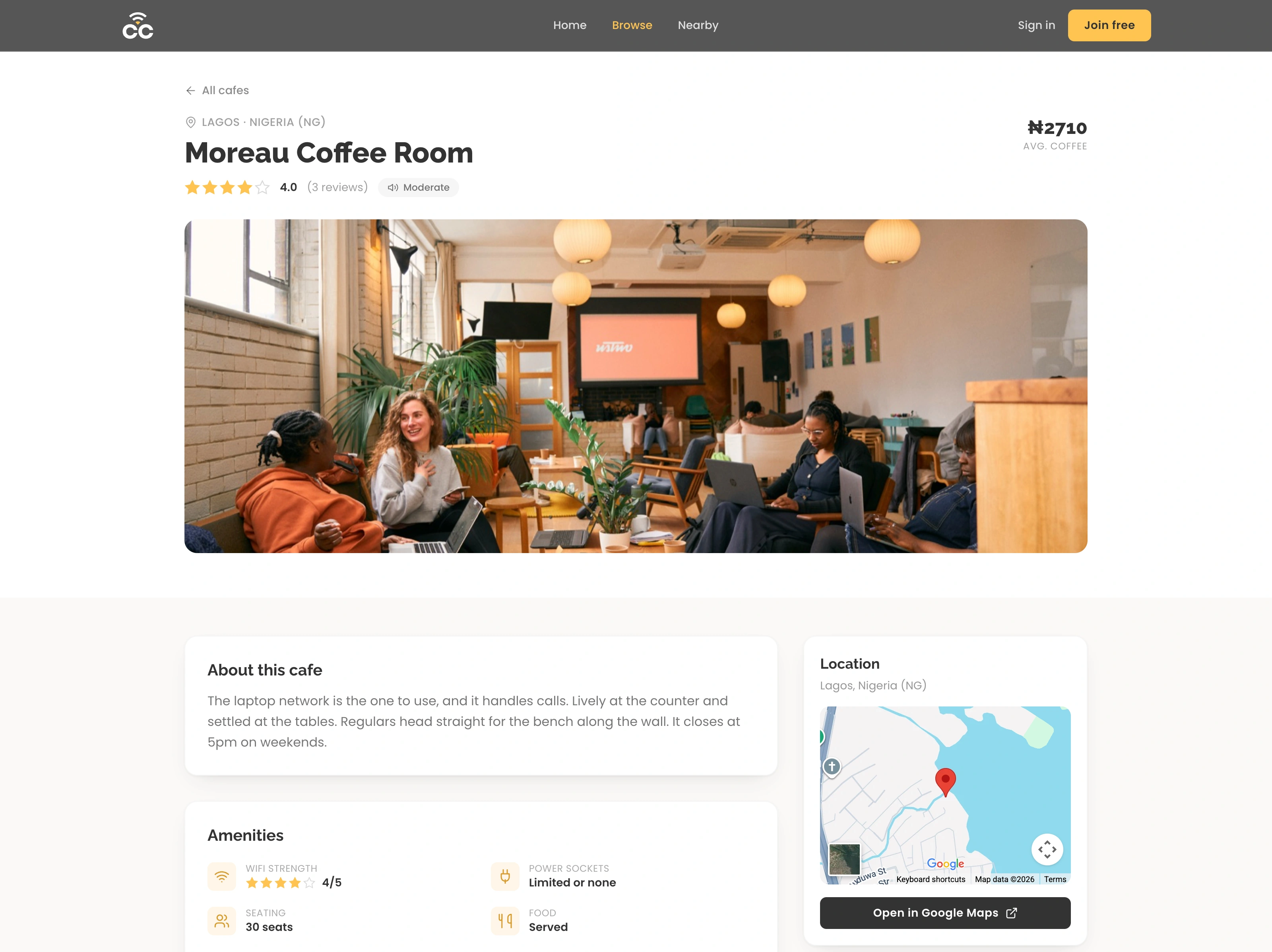 A café's page with its amenities and location map