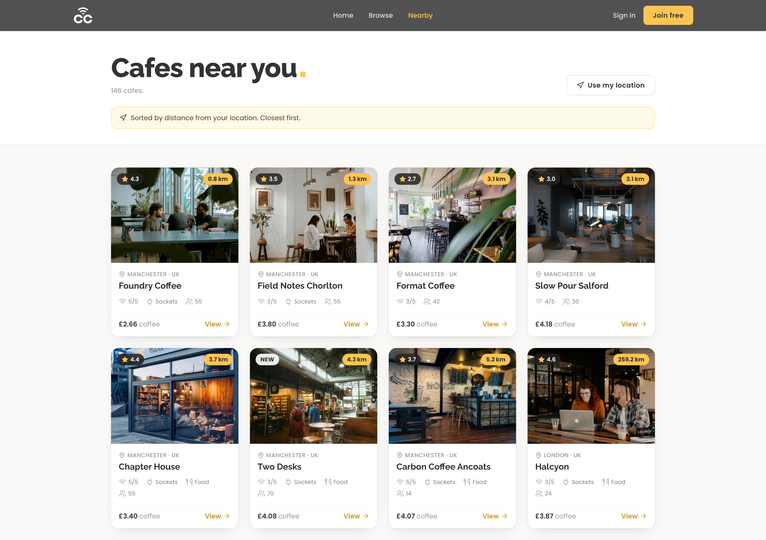 The nearby page, sorted by distance from a shared location