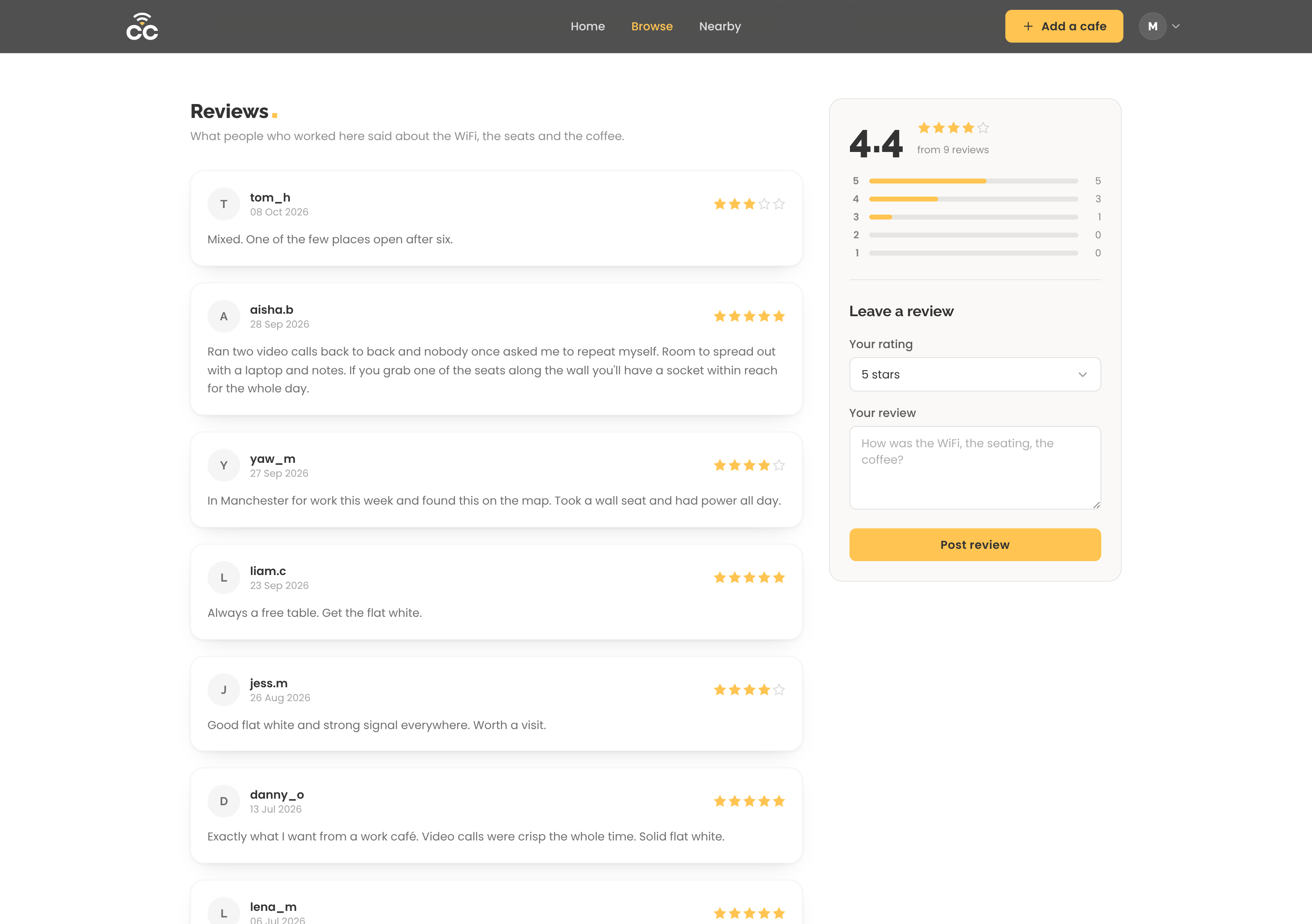 Reviews beside a rating breakdown and the leave-a-review form
