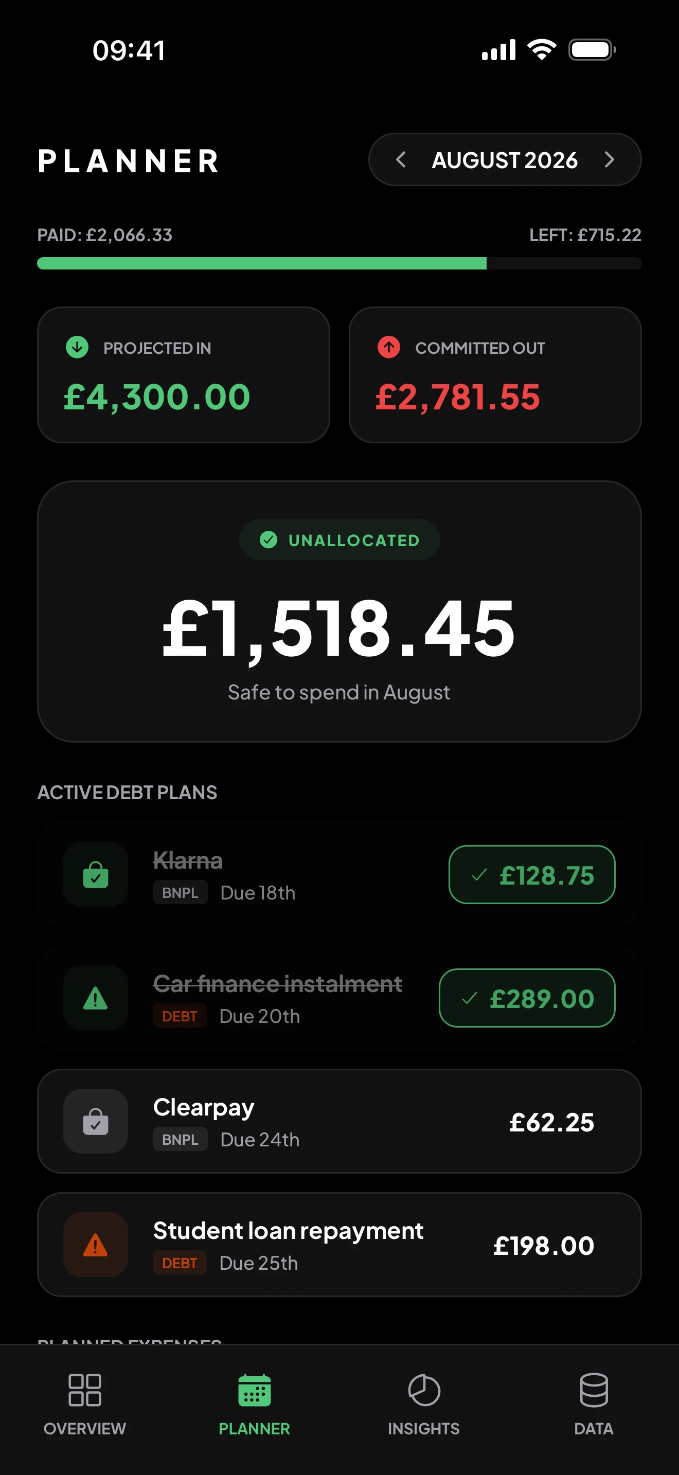 The planner showing projected income, committed outgoings and what is left to spend in August