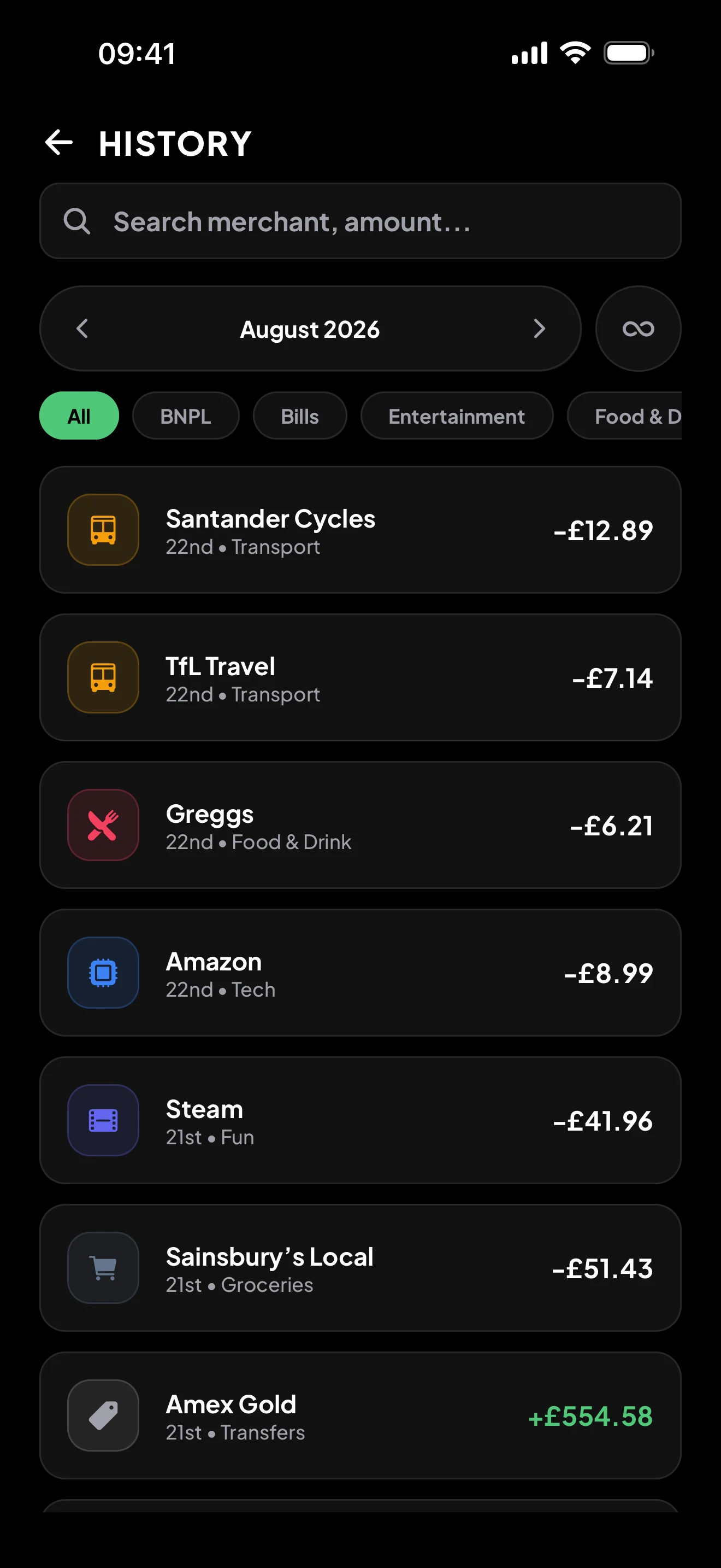 Full transaction history with search and filters