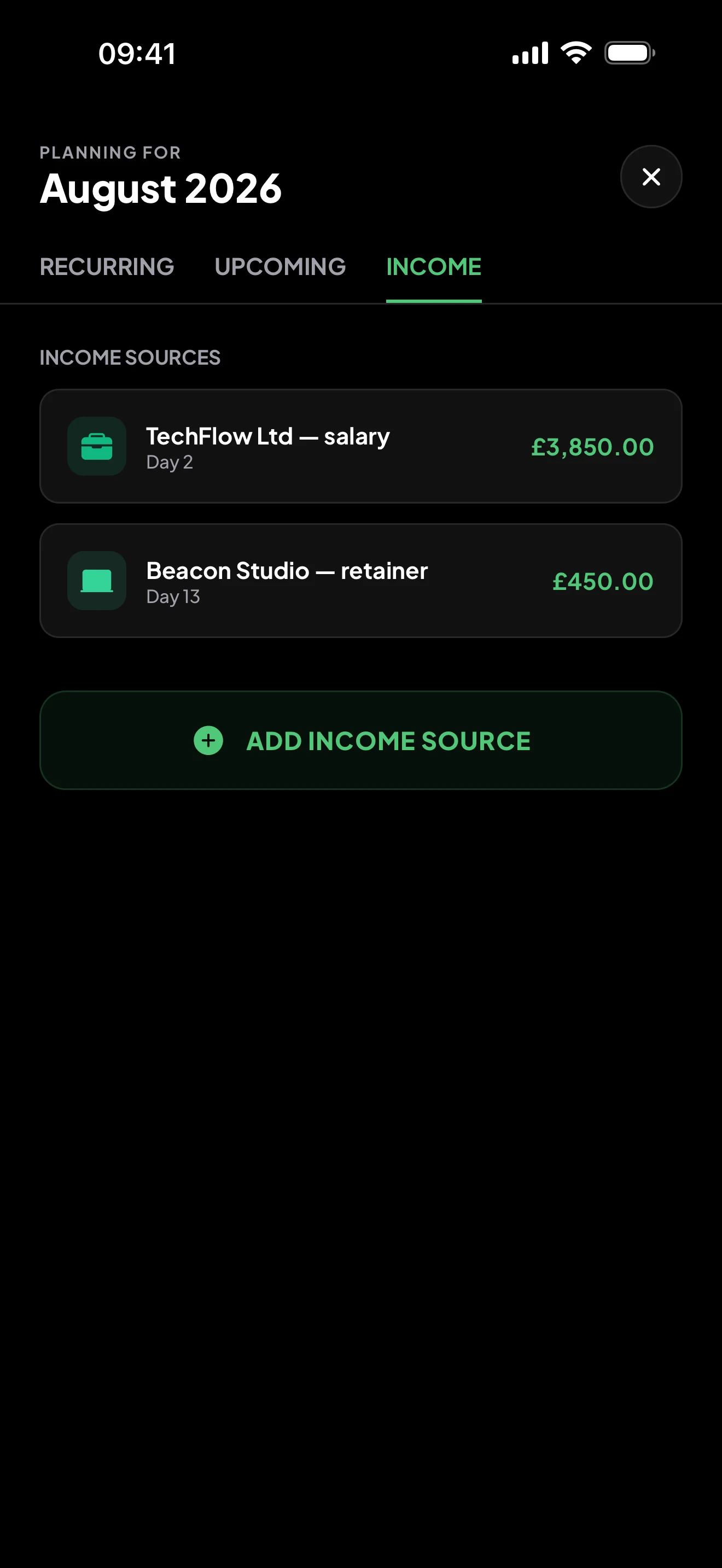Income sources listed against the month
