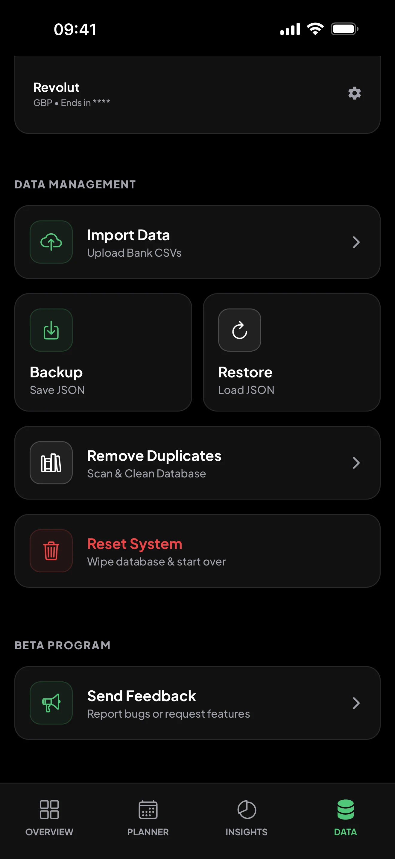 Backup, restore, duplicate cleanup and reset controls
