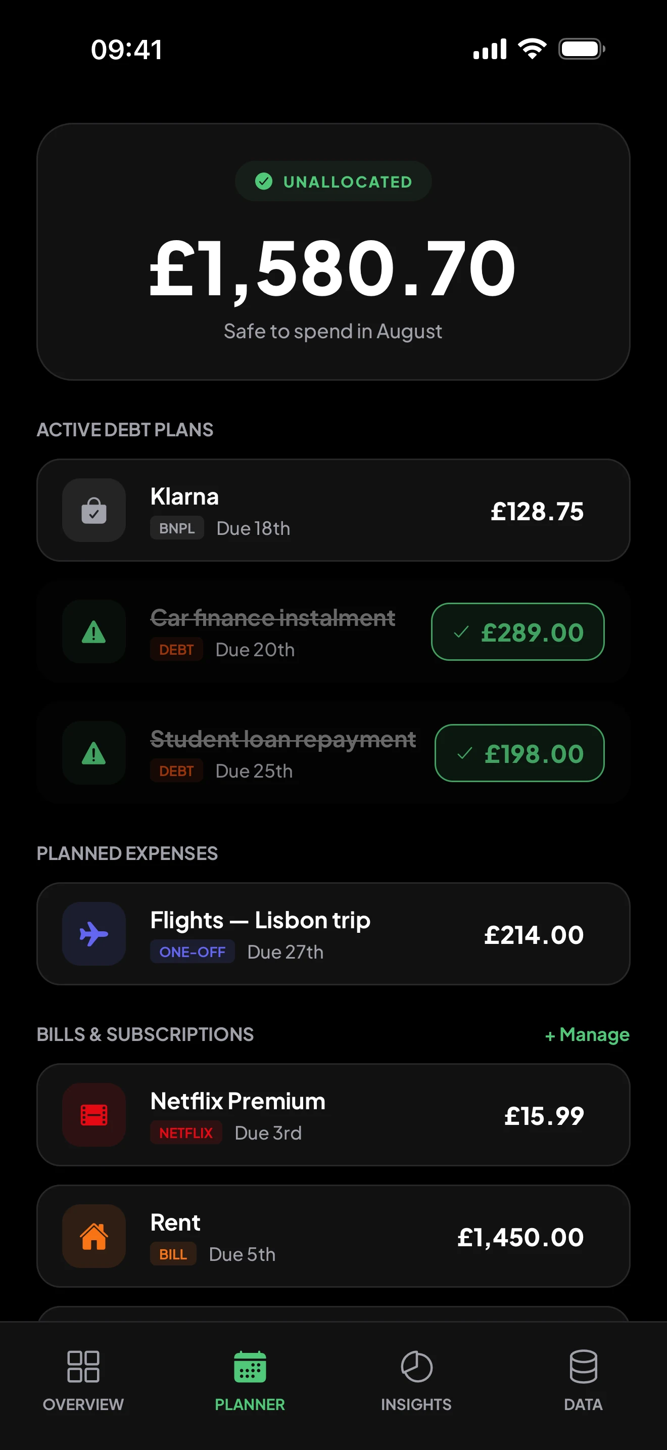 Debt plans, planned expenses and subscriptions in the monthly planner