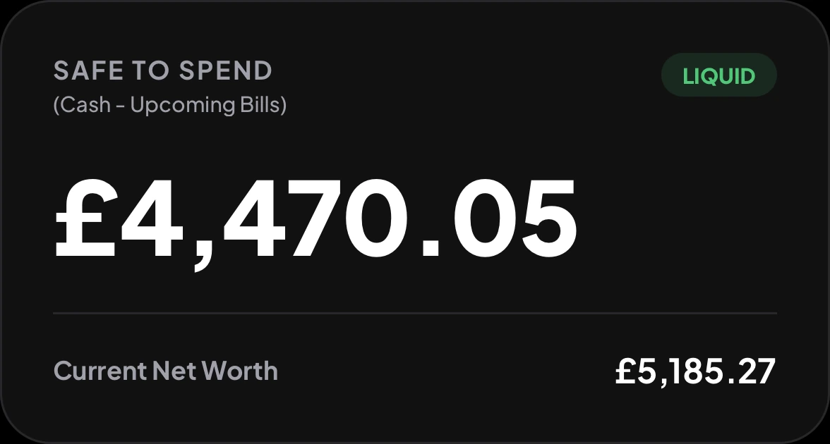 The Safe to Spend card showing £4,470.05 with a green badge