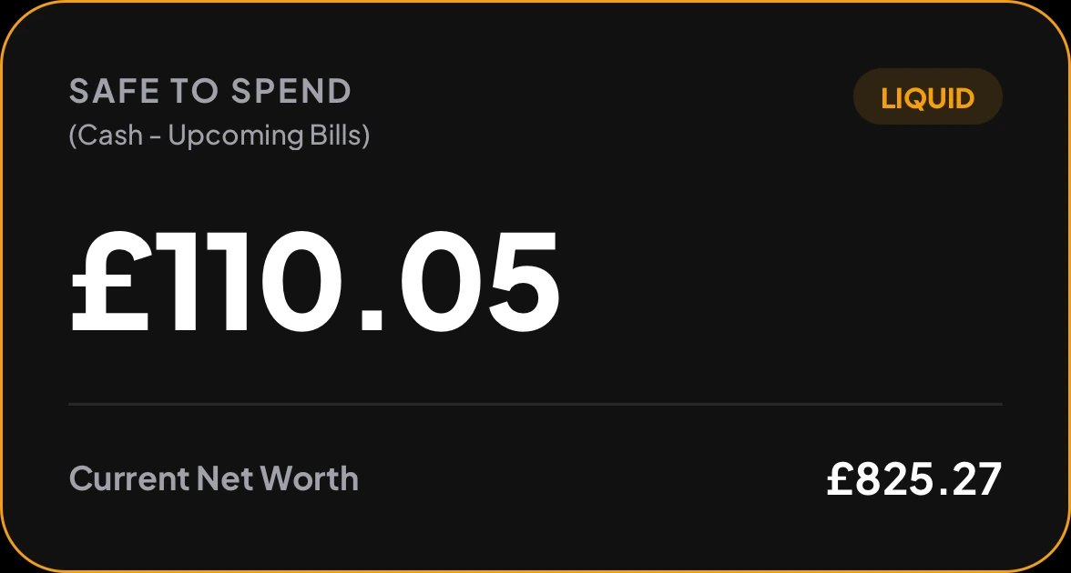The Safe to Spend card showing £110.05 in amber